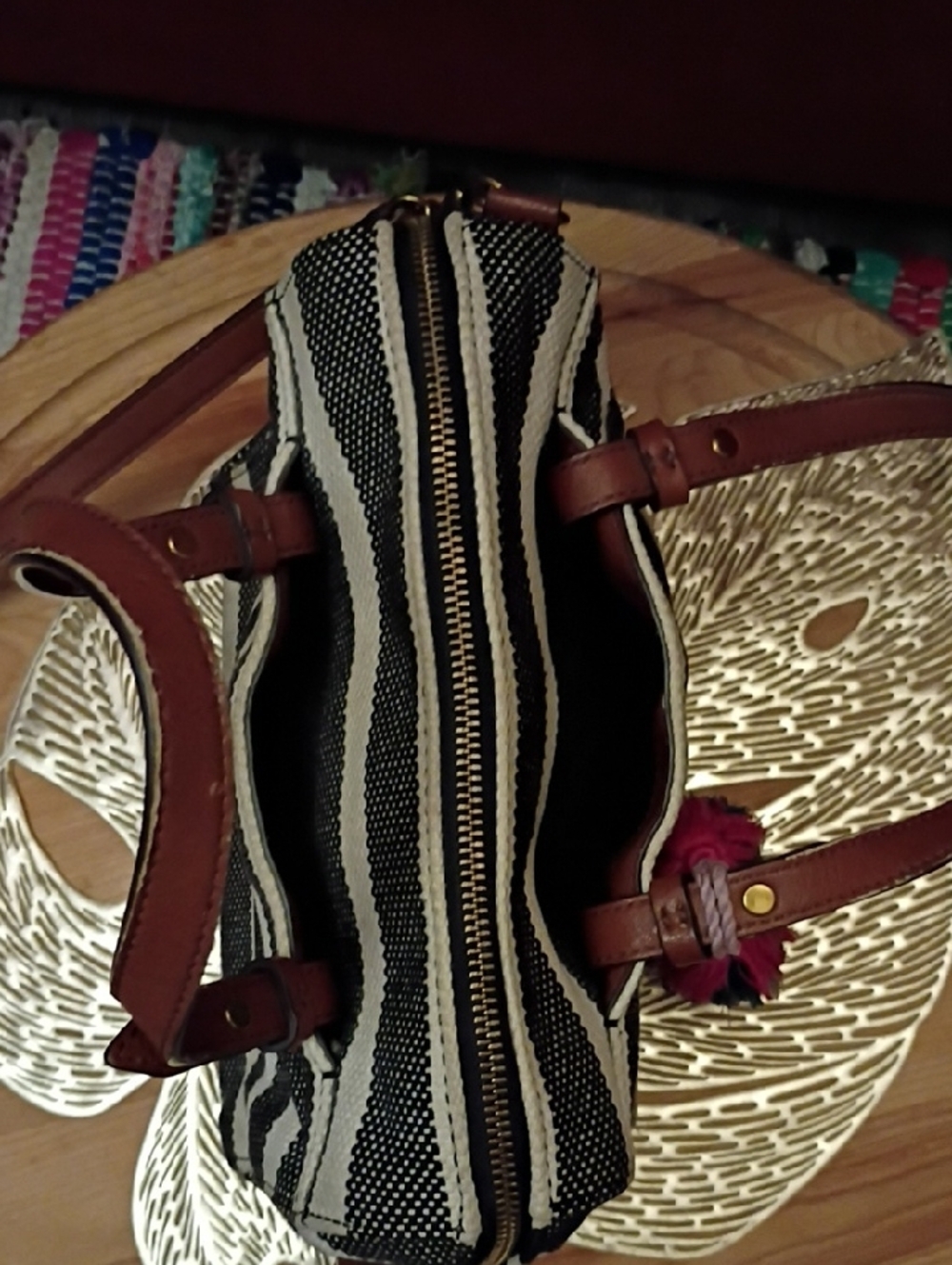 Fossil Black and White Striped Satchel with Brown Leather Trim and Pink Tassel - Picture 7 of 12